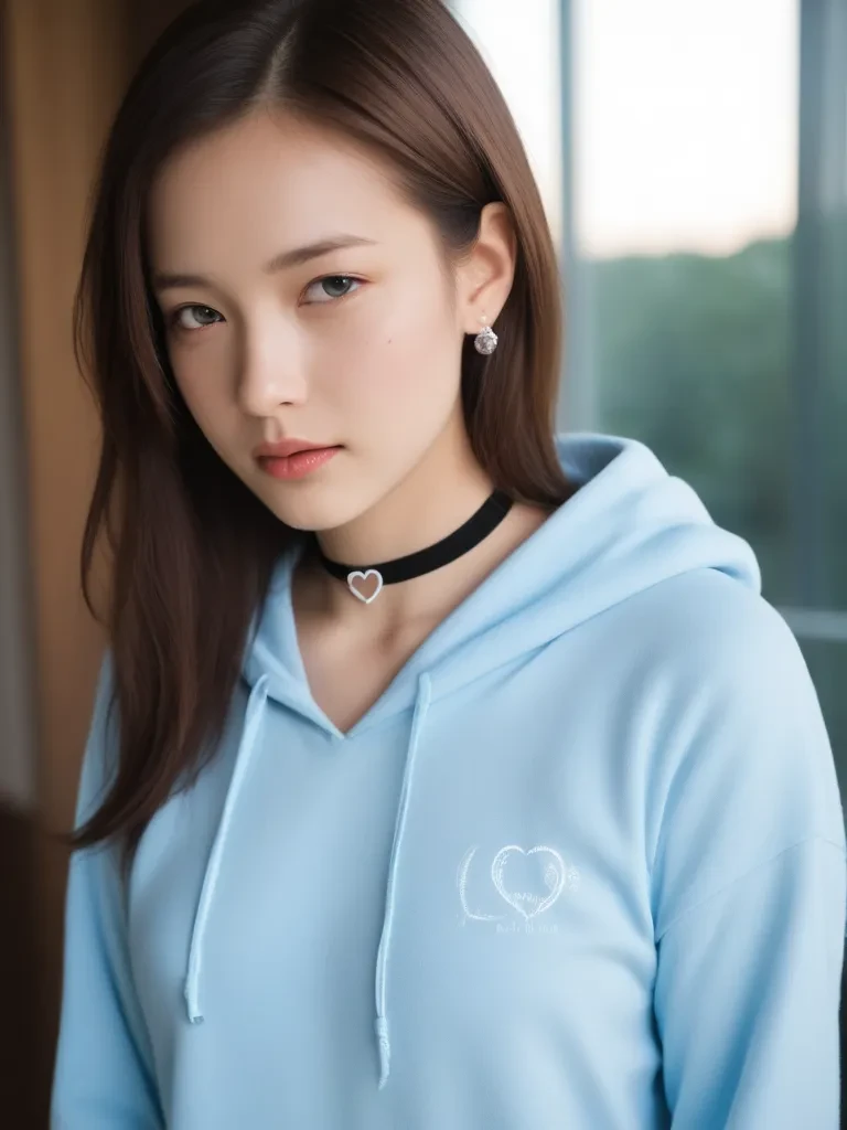 Realistic, Gravure, 1girl, absurdres, rating_safe, blue eyes, blush, box, breasts, brown hair, choker, closed mouth, collarbone, earrings, cinematic lighting, hair between eyes, heart, heart ahoge, hood, hoodie, jewelry, looking at viewer, necklace, blue Hour Light, small breasts, sleeves past wrists, solo, upper body,  
cutie, japanese girl, realistic skin, detailed skin,  
realistic eyes, no makeup, no eyeliner, blush, pale skin, 
(pores:1.2, dirty skin:0.5), goosebumps, (freckles:1.1), sweat, 
look away,