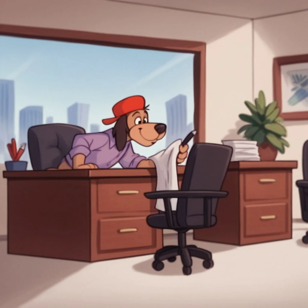 score_9, score_8_up, score_7_up, score_6_up, score_5_up, score_4_up, source_furry, HKPhooey, anthro, male, dog, brown fur, black eyes, purple shirt, red hat, inside, office, cleaning