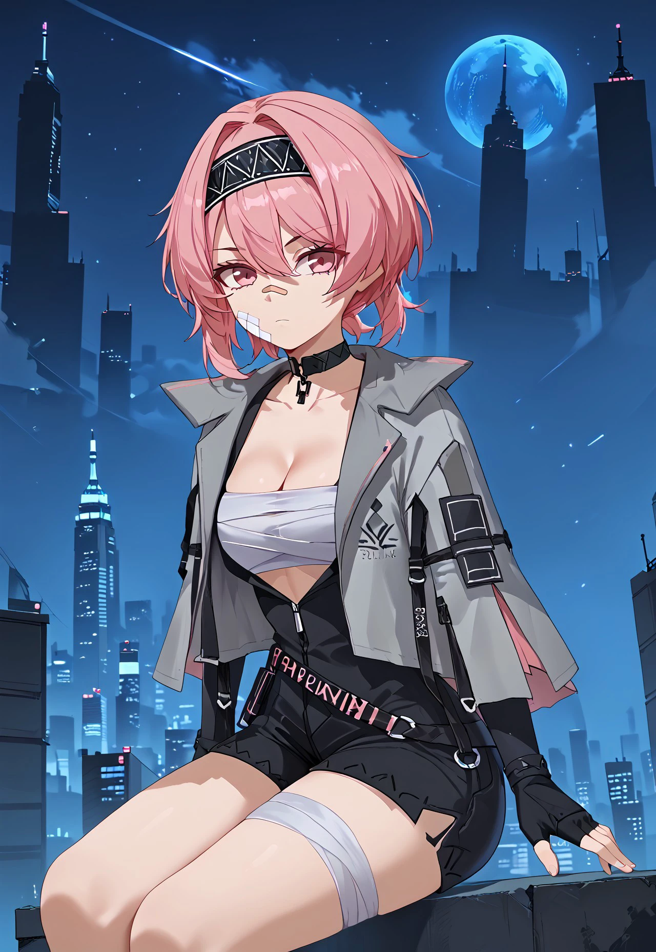 safe_pos, 1girl, solo, solo focus, highres, absurdres, 

Fuchsia, pink hair, black hairband, bangs, fingerless gloves, short hair, open jacket, black gloves, sarashi, bandages, open clothes, pink eyes, bandaid on face, black choker, hair between eyes, collarbone, shorts, long sleeves, grey jacket, cleavage, bandaged leg,

sitting, from side, looking afar, hand up,

cityscape,  night, night sky, backlighting, silhouette,