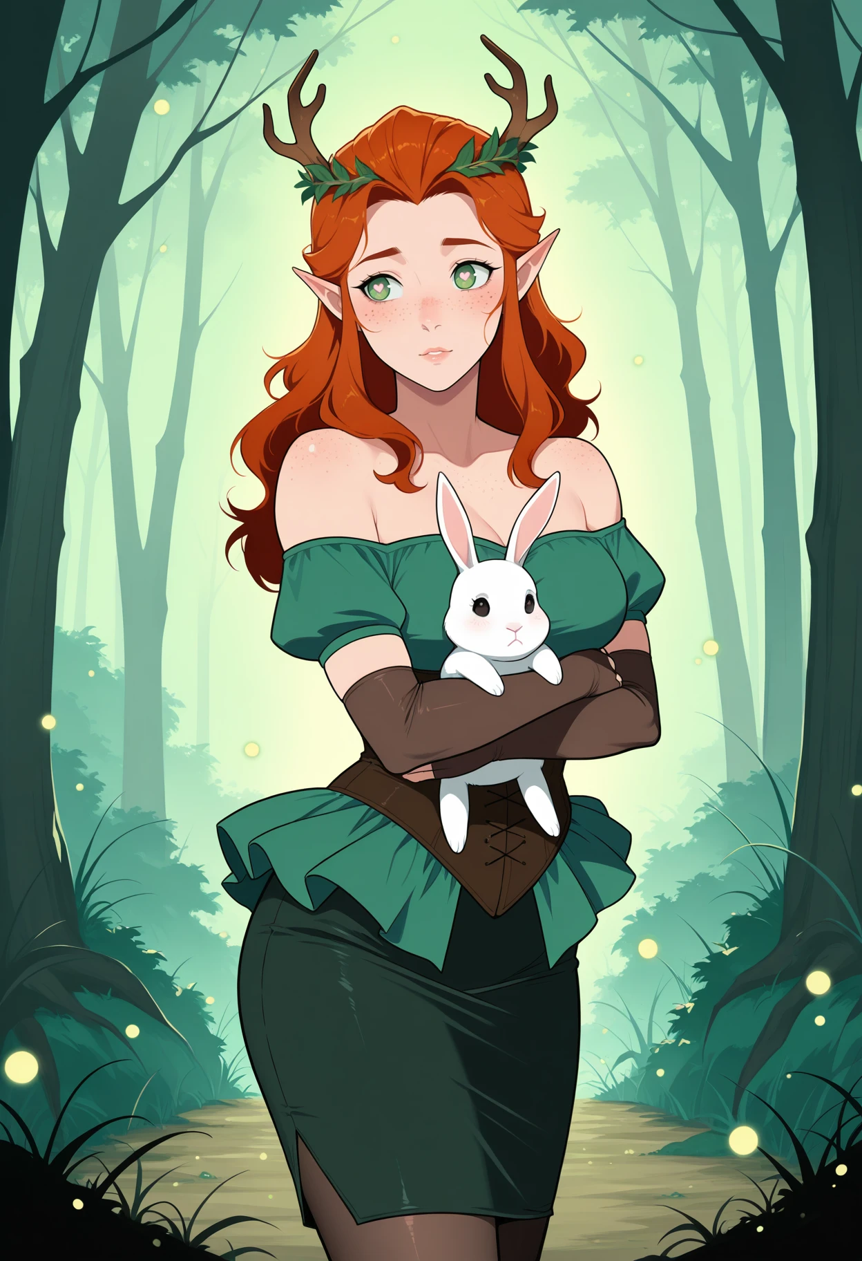 [disney|eudetenis] 1girl, hugging rabbit, cowboy shot, heart shaped pupils, <lora:Outfit_soph-VintagePeplumSuitdress-ILXL:0.85>  mature females, dr3ss, ((wide voluminous peplum)) pencil skirt, corset, standing,  off-shoulder, forest, fireflies,  <lora:Char_vox-KeylethV2-PDXL:0.8> 1girl, keyleth, ginger hair, green eyes, long hair, pointy ears, antlers crown, freckles, fingerless elbow gloves, pantyhose, stiletto heels masterpiece, best quality, very aesthetic