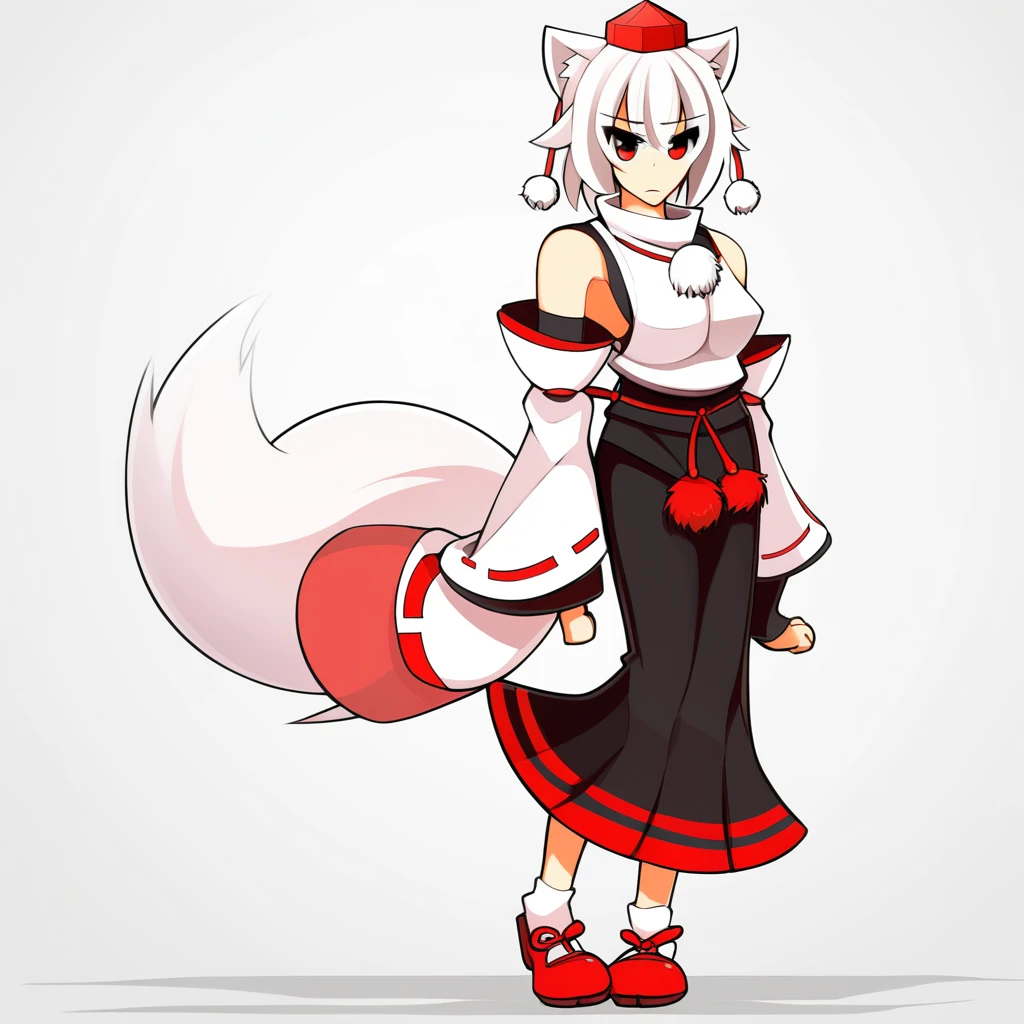 ((white background)), ((solo)), (1girl), looking at viewer, ((inubashiri momiji)), white hair, short hair, red eyes, neutral gaze, standing, posing, tokin hat, red headwear, closed mouth, black skirt, wolf tail, pom_pom_\(clothes\), tengu-geta, white shirt, detached sleeves, red footwear, white sleeves, red skirt.