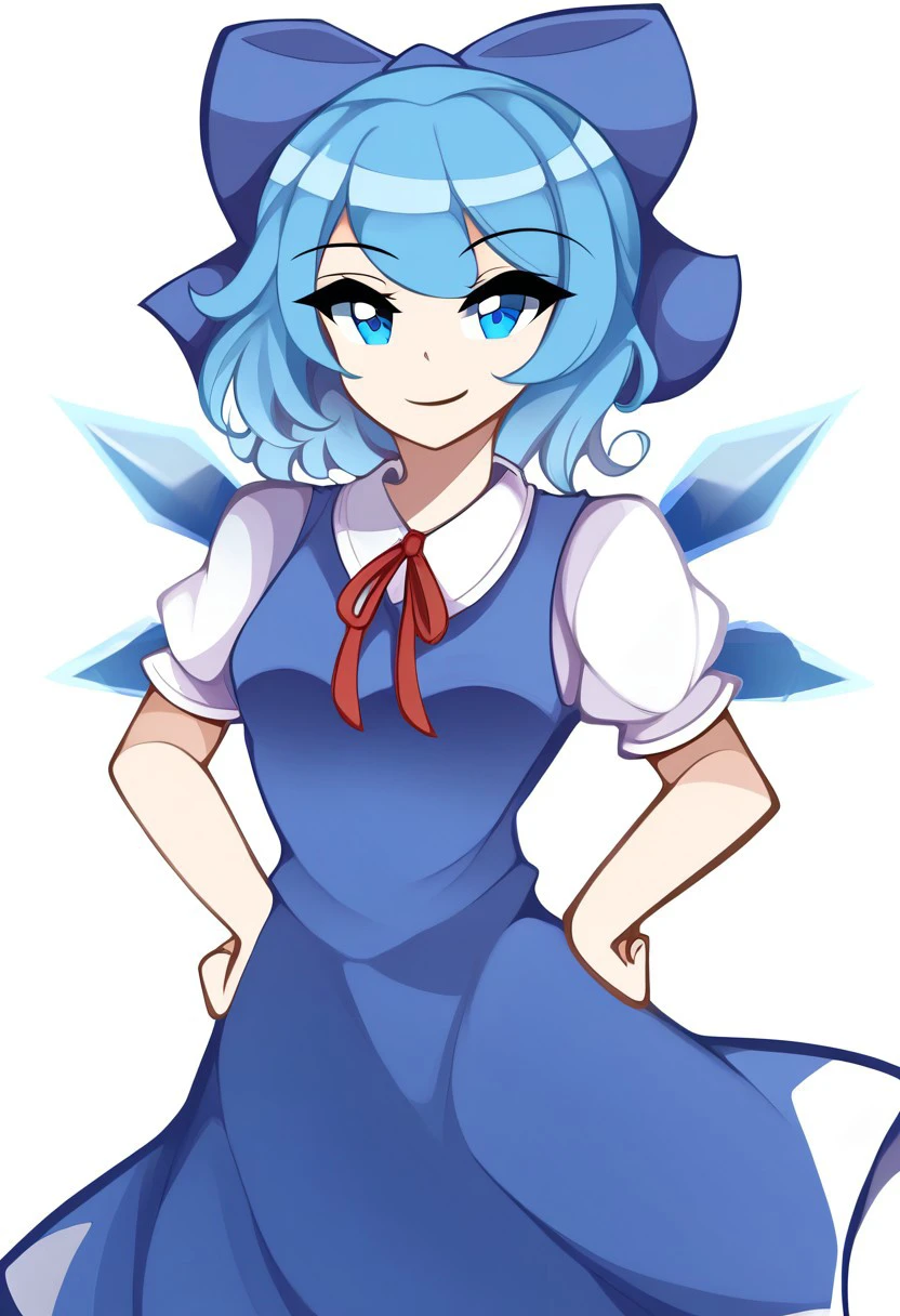 ((KaliningradG style)), ((white background)), ((solo)), (1girl), ((cirno)), hands on hips, cocky smile, closed mouth, blue eyes, white-blue hair, short hair, ice wings, blue dress, short sleeves, blue bow, hair bow, puffy sleeves, red ribbon.