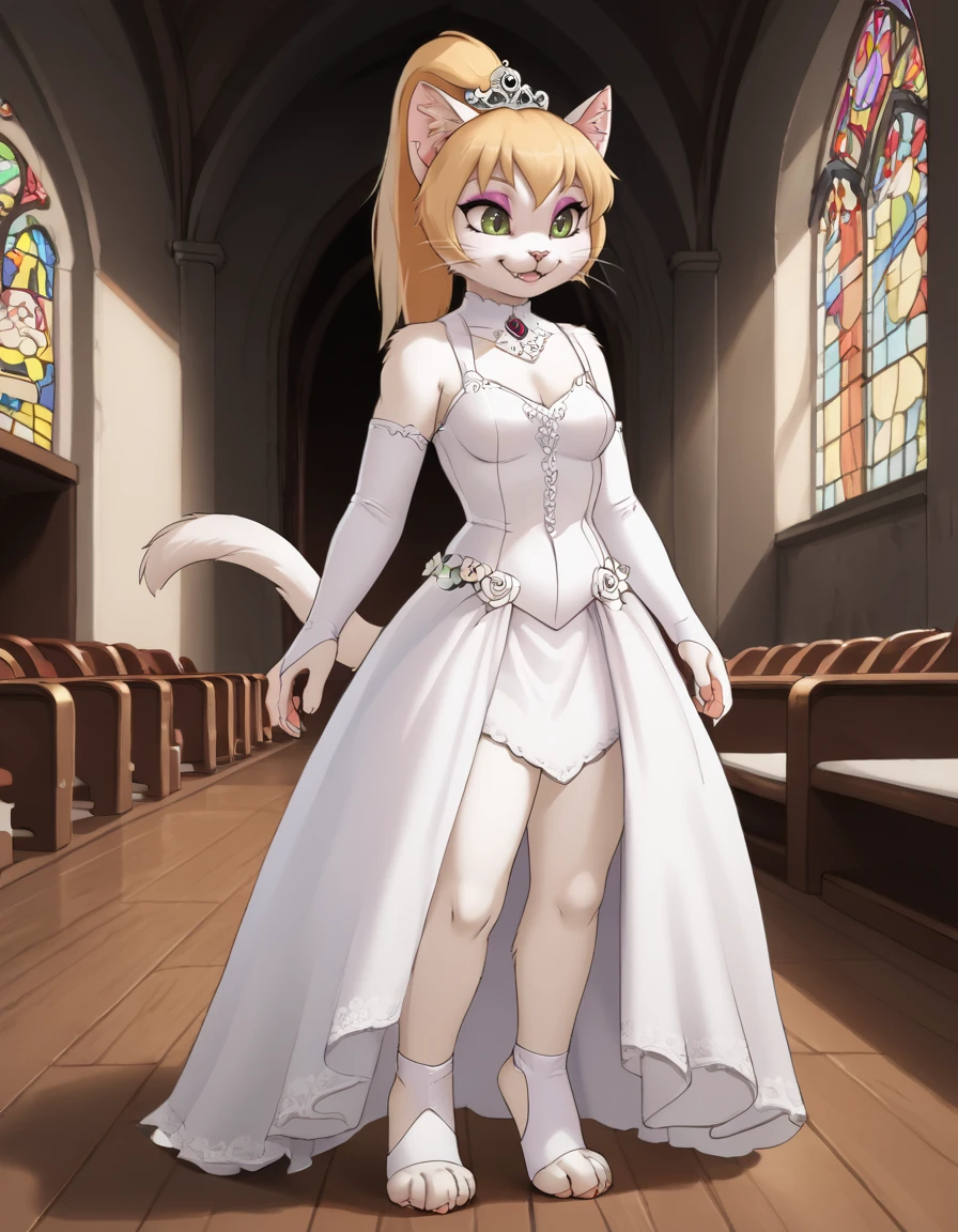 indoors,church,
full body,smile,long eyelashes,parted lips,
bridal gauntlets,bridal veil,bride,tiara,
<lora:Alisa_v01_PDXL:1>,Alisa,1girl,solo,furry female,cat girl,green eyes,eyeshadow,animal ears,long hair,blonde hair,ponytail,cat tail,animal nose,body fur,white fur,snout,whiskers,fangs,