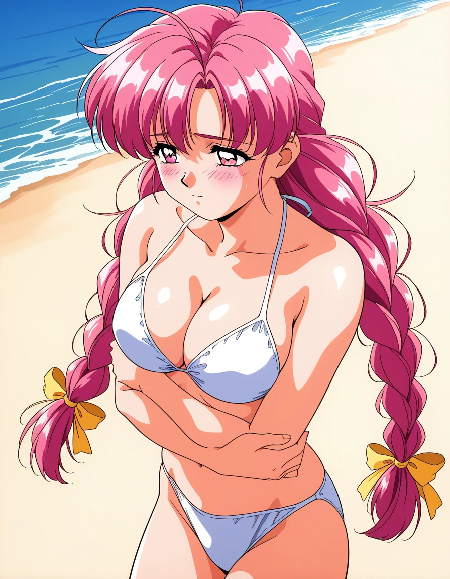 general,highres, ultra-detailed,very aesthetic,best quality ,best hands,  BREAK,  <lora:Makino_Rie_OVA_IS:1>, Makino_Rie_OVA, 1girl,solo, long hair, pink hair, 1990s \(style\),anime coloring, 
twin braids, bangs, hair ribbon, Yellow ribbon, large breasts, ahoge, pink eyes, BREAK blush, sad, cross arms,
blush,   swimsuit, summer, beach, sea, cowboy_shot,  large breasts, cleavage,