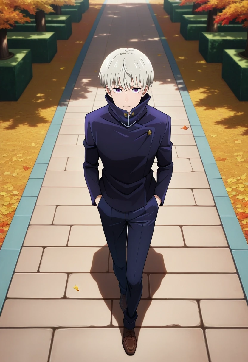 masterpiece, best quality, intricate details, anime screencap, , official style, looking at viewer, , 1boy, solo, male focus, <lora:toge_inumaki_ilxl:0.92>, toge_inumaki, white hair, purple eyes, short hair, bangs, hair between eyes, high collar, gakuran, autumn park, fallen leaves, stone paths, park benches, walking pose, content expression, golden hour, greek costume