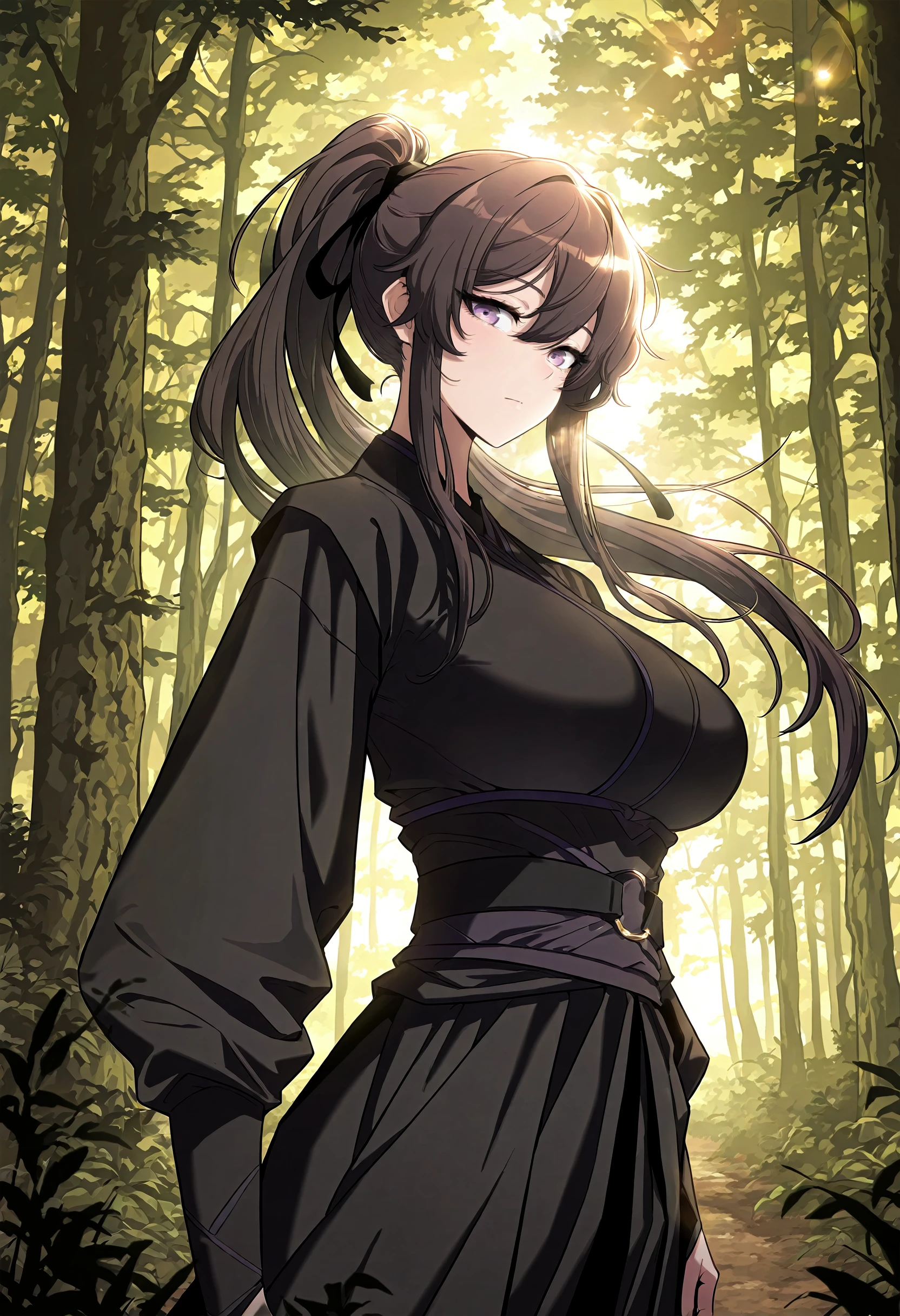 masterpiece, best quality, amazing quality, very aesthetic, absurdres, newest, scenery, 1girl, solo, huge breasts, <lora:Wolyoung illustxl:1.0> long hair, hair between eyes, purple eyes, high ponytail, sidelocks, black hair, brown hair, hair ribbon, black ribbon, black kimono, long sleeves, sash, black skirt, long skirt, black pants, upper body, standing, forest, outside, looking at viewer, shiny skin, masterpiece, best quality, amazing quality, very aesthetic, absurdres, newest, scenery