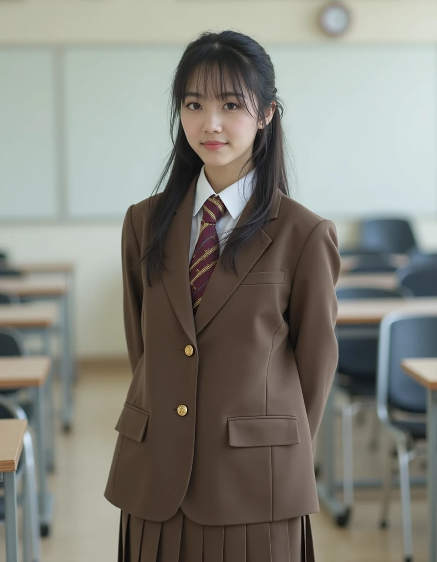 professional photograph of japanese asian woman stands wearing japanese school uniform outfit is coordinated with brown blazer and necktie and pleated skirt on the classroom with desks and chairs, <lora:japanese-school-uniform-blazer-v1-r10e2-flux1-dev:1>,
aidmafluxpro1.1, <lora:aidmaFluxPro1.1Stylev0.2:0.5>,