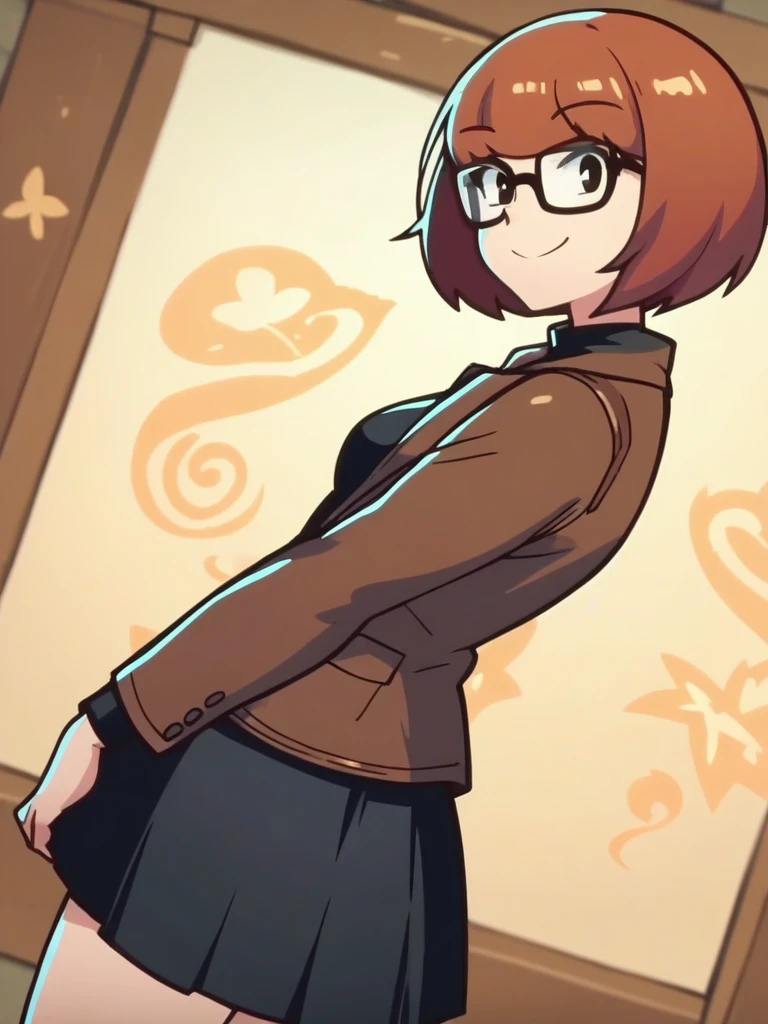 score_9, score_8_up, score_7_up, cute girl, glasses, bob cut, brown jacket, black skirt, serious, from side, looking at viewer, cowboy shot, full body, smile, cute, solo, dutch angle, detailed background,
<lora:ADerpixon_style:0.8>, DerpixonXL, cartoon, anime screencap, anime coloring,