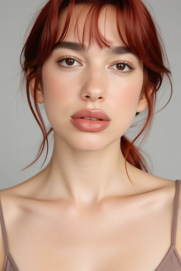 High quality realistic beauty shot of dualflx. A close-up shot of a woman. She is wearing a camisole blouse. Her lips are a light pink color. Her red hair is pulled back. The backdrop is a light gray.