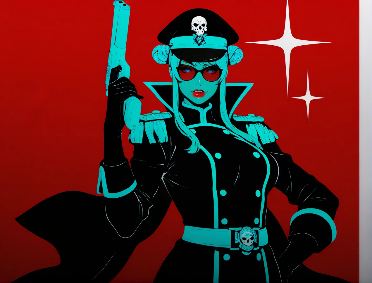 limited color palette,lineart,vector,red theme,dark theme,1girl, solo, breasts, looking at viewer, blue eyes, gloves, bare shoulders, medium breasts, blue hair, sidelocks, hairband, elbow gloves, hair bun, lips, double bun, aqua hair, cone hair bun,puffy lips,lipstick,sunglasses,looking at viewer,
edgCommissar,  looking at viewer,  gloves, long sleeves, closed mouth, jacket,  belt, uniform, coat, black jacket, hand on hip, sparkle, black headwear, scar, epaulettes, black coat ,wearing edgCommissar,skull emblem,millitary uniform,hat,teeth,handgun,holding weapon,
<lora:edgIllustriousXLCommissar-000008:0.9>
 <lora:edgIllustriousXL_Flatstylelr:1>