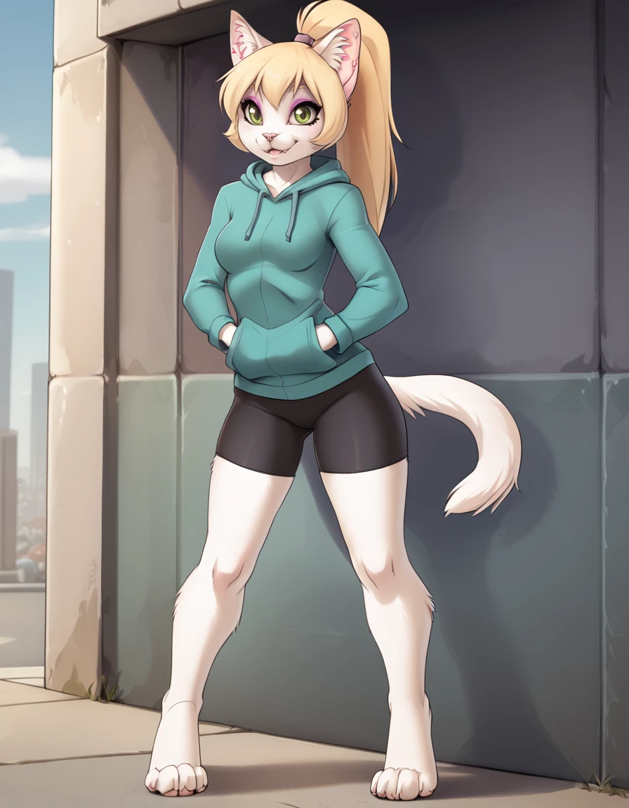 outdoors,city,
full body,smile,long eyelashes,parted lips,
bike shorts, hoodie, pose,
<lora:Alisa_v01_PDXL:1>,Alisa,1girl,solo,furry female,cat girl,green eyes,eyeshadow,animal ears,long hair,blonde hair,ponytail,cat tail,animal nose,body fur,white fur,snout,fangs,