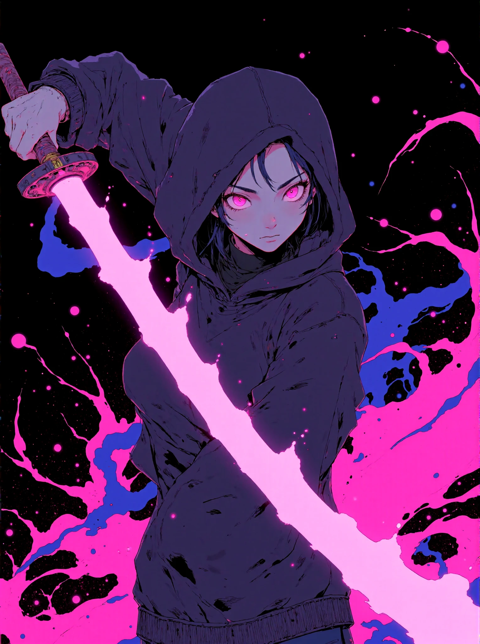 A dynamic and intense anime-style illustration featuring a determined character wielding a glowing purple katana. The character has striking purple eyes that emit a fierce and focused expression, contrasting against their dark hoodie and monochromatic attire. Abstract splashes of purple and white energy swirl around, creating a sense of motion and raw power. The overall composition is dramatic, with sharp, angular lines and bold contrasts between the dark background and the vivid purple and white accents. The style is inspired by high-energy action scenes in manga or anime, with an emphasis on minimalistic colors and a high-impact, modern aesthetic. The atmosphere is dark, electrifying, and filled with a sense of impending action. 
 <lora:Let_It_Blaze_in_Crimson:1>