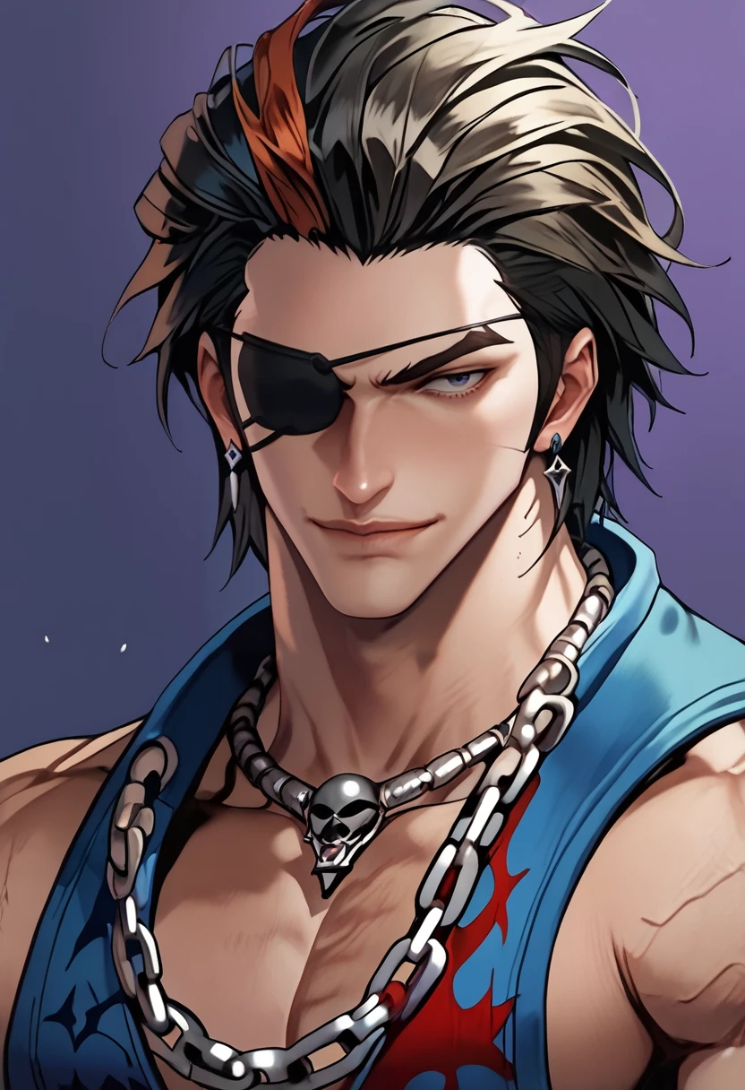 (masterpiece), (best quality), score_9, score_8_up, score_7_up, (masterpiece:1.2), (best quality:1.3), 1boy, portrait, <lora:Hwoarang_Tekken:0.8> hwrng_t7, simple background, eyepatch, multicolored hair, chain necklace, masterful composition, dynamic movement