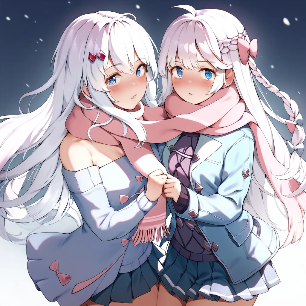 Score_9, score_8_up, score_7_up, s0s0, multiple girls, 2girls, shared scarf, shared clothes, scarf, pink scarf, blue eyes, long hair, looking at viewer, skirt, pleated skirt, dress, blush, long sleeves, braid, breasts, bow, blue skirt, bangs, hair bow, bare shoulders, jacket, white hair, parted lips, strapless, miniskirt, strapless dress, red scarf, hair ornament, cowboy shot