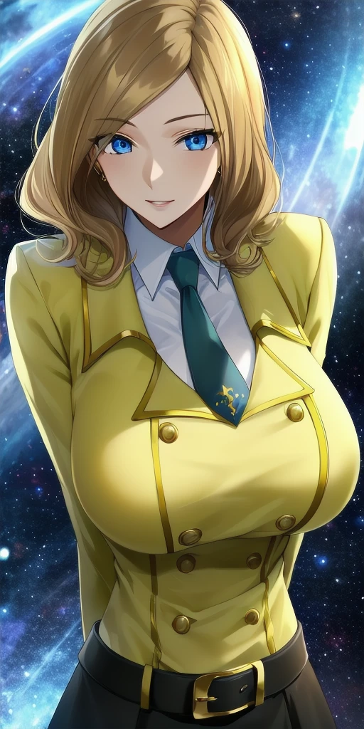 <lora:MillyV3:0.7> milly_ashford, huge_breasts, standing, solo, arms_behind_back, starry_sky, yellow_jacket_white_collared_shirt_green_necktie_green_skirt_belt, masterpiece, best_quality, detailed_face, detailed_eyes, highres, beautiful, detailed, absurdres,