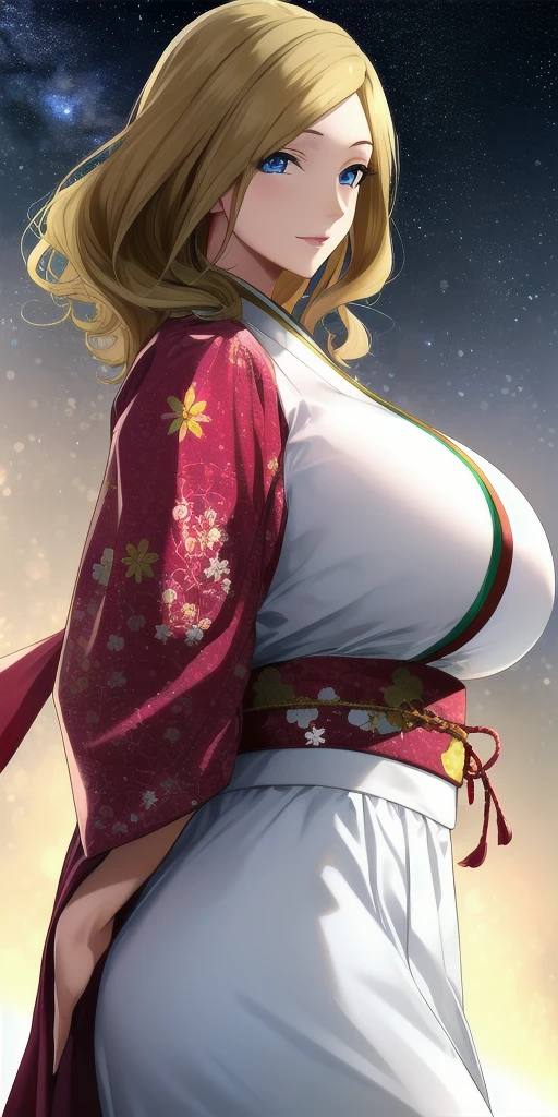 <lora:MillyV2:0.7> milly_ashford, huge_breasts, standing, solo, arms_behind_back, starry_sky, japanese_clothes, masterpiece, best_quality, detailed_face, detailed_eyes, highres, beautiful, detailed, absurdres,