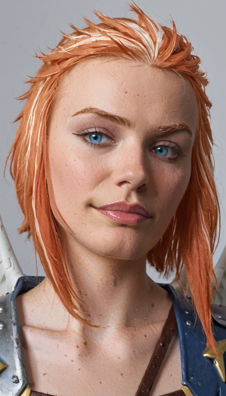 (((close up:2))), PHOTO, Commander Zilyana, Multi colored hair orange and white, armored, angelic white wings, smiling, photo studio, photo shoot, posing, face, detailed face