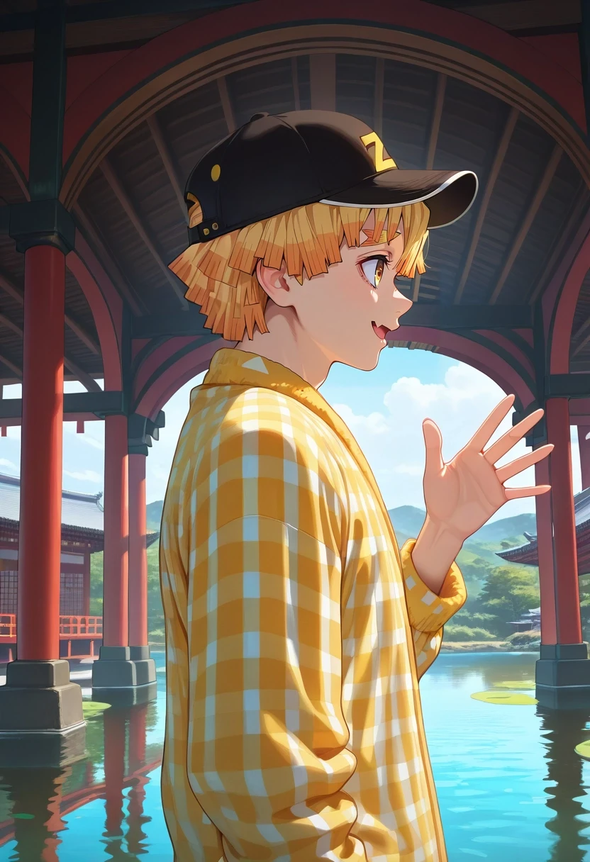 masterpiece, best quality, intricate details, (photorealistic:0.6), , , 1boy, solo, male focus, <lora:zenitsu_agatsuma_ilxl:0.94>, zenitsu_agatsuma, blonde hair, yellow eyes, short hair, bangs, profile, pond, arch, japanese architecture, indoors, waving, skin fang, Fleece joggers, Nylon Gingham shirt, , Snapback cap,