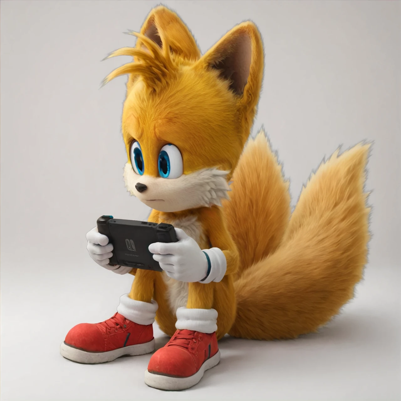 zPDXL3,<lora:MilesTails_Pony:1>,2 tails,yellow fur,looking at nintendo console,blue eyes,gloves,big head,red shoes,milestails,sitting,playing nintendo console,looking_down,