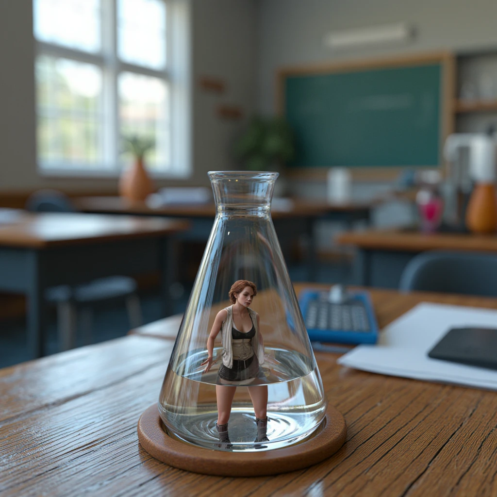 photo, shrunken woman trapped within a beaker on a table inside an empty classroom, high-angle shot emphasizing her tiny size