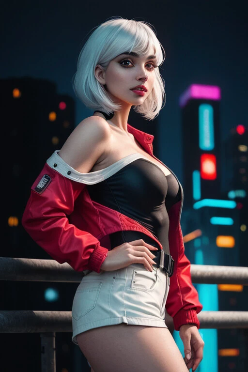 masterpiece, (photorealistic:1.4), best quality, beautiful lighting, (ulzzang-6500:0.5), lucy \(cyberpunk\), 1girl, white hair, against railing, arm rest, bangs, bare shoulders, belt, black belt, black leotard, black pants, blurry, bob cut, breasts, building, cityscape, clothing cutout, (cropped jacket), cyberpunk, depth of field, from side, gradient eyes, grey eyes, grey hair, white jacket, leotard, lips, long sleeves, looking afar, looking ahead, (mechanical parts), medium breasts, multicolored eyes, multicolored hair, night, night sky, off shoulder, open clothes, open jacket, outdoors, pants, parted lips, railing, red eyeliner, science fiction, short hair with long locks, short shorts, shorts, sidelocks, sky, solo, standing, teeth, thigh cutout, upper teeth only, white jacket, white shorts, cyberpunk \(series\), cyberpunk edgerunners, RAW photo, 8k uhd, film grain, cosplay, white wig, night, neon lights,,,, <lora:lucy_offset:1.21>