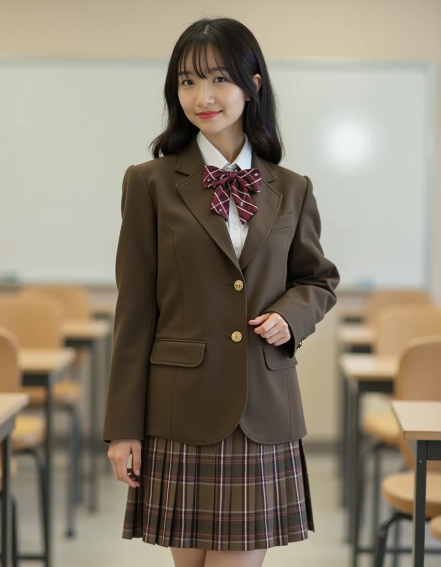 professional photograph of japanese asian woman stands wearing japanese school uniform outfit is coordinated with brown blazer and necktie and plaid pleated skirt on the classroom with desks and chairs, <lora:japanese-school-uniform-blazer-v1-r10e2-flux1-dev:1>,