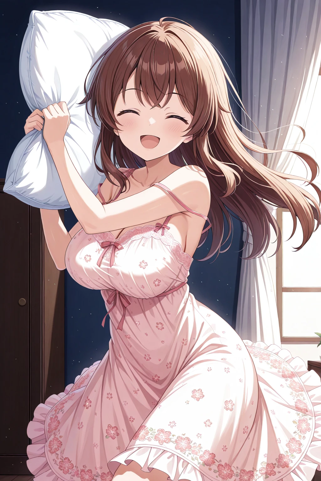 floral nightgown, <lora:Floral Nightgown Illustrious:0.6>, 1girl, :d, closed eyes, holding pillow, looking at viewer, bedroom, incoming attack, large breasts, long hair, strap slip, white pillow, batting stance, hands up