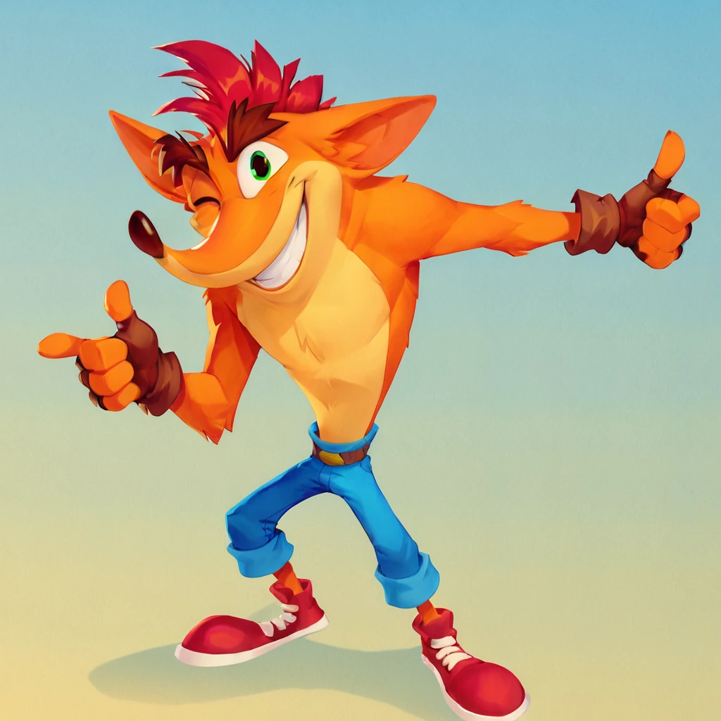 Crash Bandicoot,Furry,Orange Fur,Light Orange Under Belly,Green Eyes,Mohawk,Red Hair,Thick Eyebrows,Dark Brown Nose,Big Pointy Ears,Fingerless Gloves,Blue Jeans,Red Shoes with White soles and laces,solo,thumbs up,smile,wink,laboratory background, <lora:Crash_Bandicoot_CB4_Concept_Art_PonySDXL.safetensors:1.0:1.0>