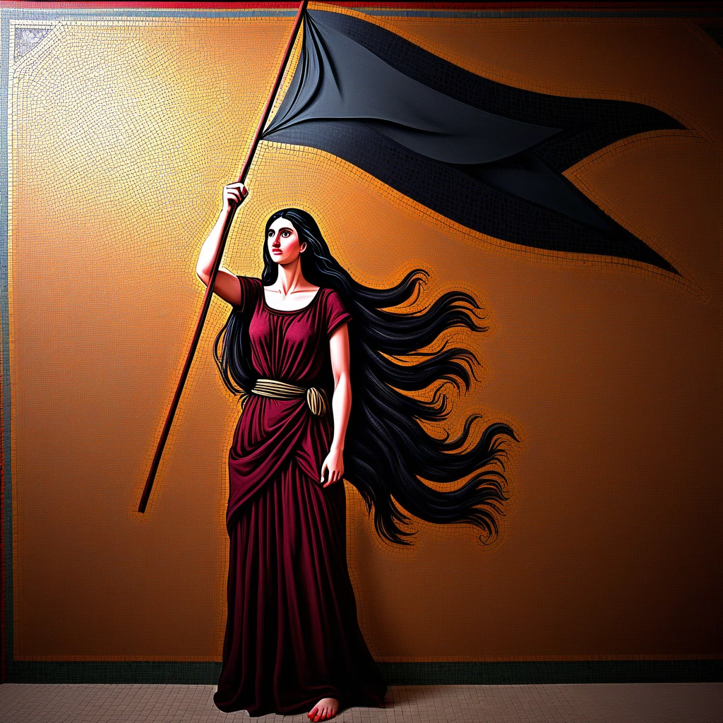 a woman standing in front of a byzantine style mosaic waving a black flag. her long dark hair is blowing in the wind