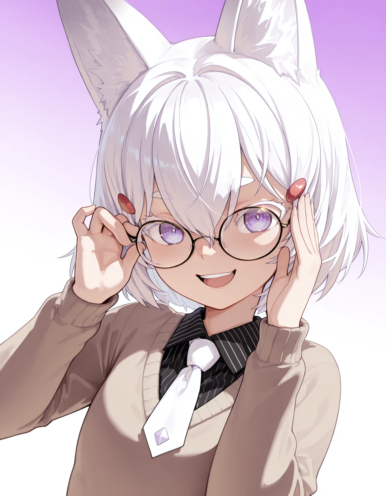 masterpiece, best quality, amazing quality,
<lora:tenma3:1>, tenma, 1girl, solo, looking at viewer, smile, short hair, open mouth, simple background, shirt, hair ornament, long sleeves, hair between eyes, upper body, :d, necktie, glasses, hairclip, striped, collared shirt, sweater, hands up, black shirt, thick eyebrows, cardigan, purple background, bespectacled, short eyebrows, round eyewear, adjusting eyewear, white necktie, dutch angle, gradient background, white background,