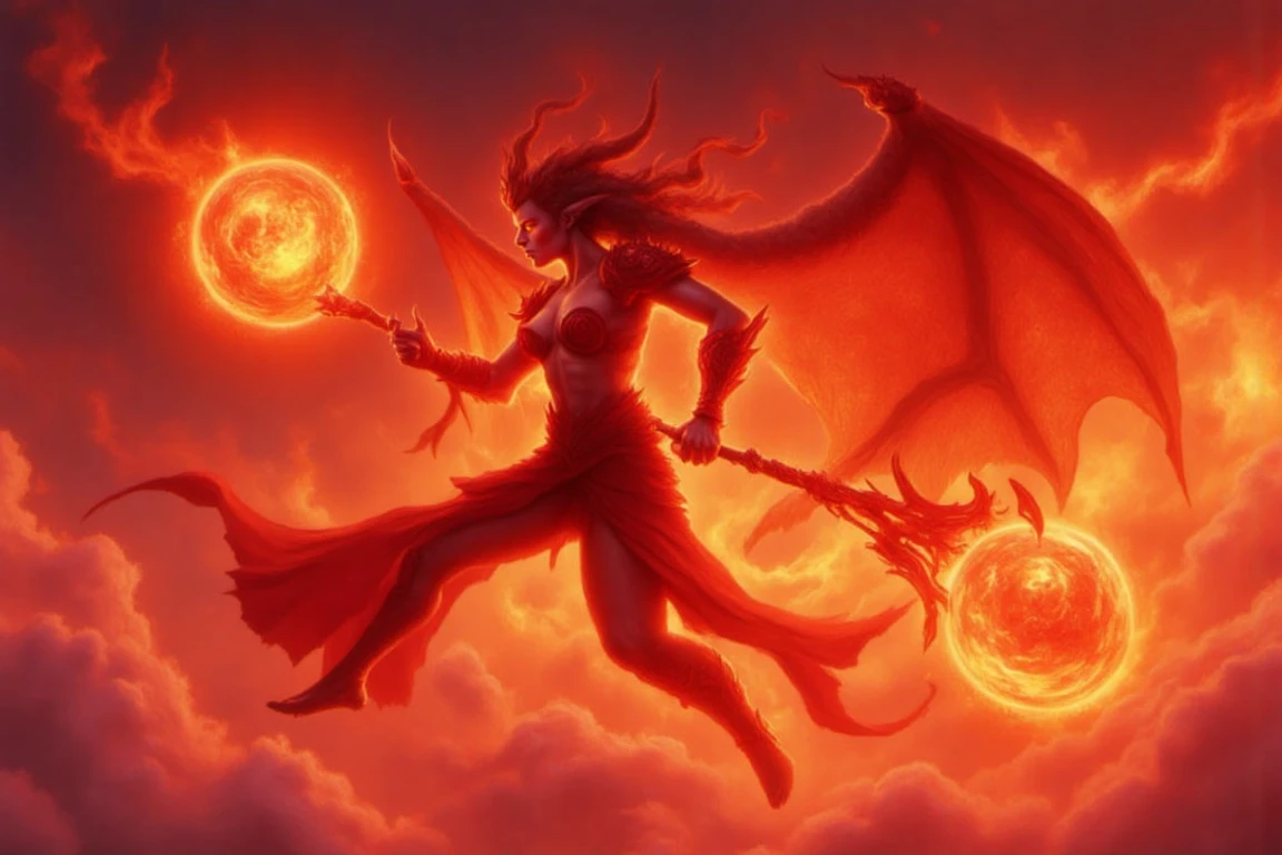 efrx,  sensual female Efreet is locked in aerial combat above a sea of clouds, wielding a spear of molten magma. She's wearing arabic clothes, its flames burn bright against the twilight sky, which shifts from deep purple to blazing orange. Clouds beneath are tinged with ember-like reflections of the Efreet’s fire. A dynamic, tilted camera angle emphasizes its dramatic mid-air pose as it lunges forward. The palette balances cool twilight tones with the intense warmth of its fiery form.