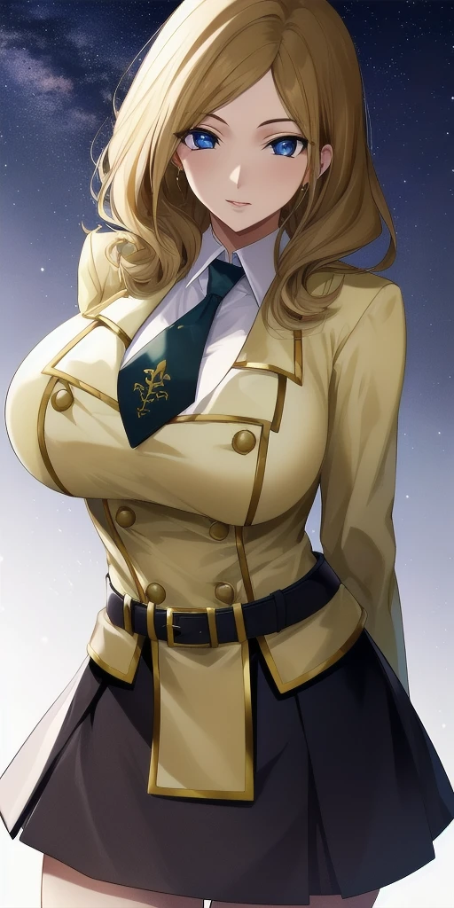 <lora:MillyV4:0.7> milly_ashford, huge_breasts, standing, solo, arms_behind_back, starry_sky, yellow_jacket_white_collared_shirt_green_necktie_green_skirt_belt, masterpiece, best_quality, detailed_face, detailed_eyes, highres, beautiful, detailed, absurdres,