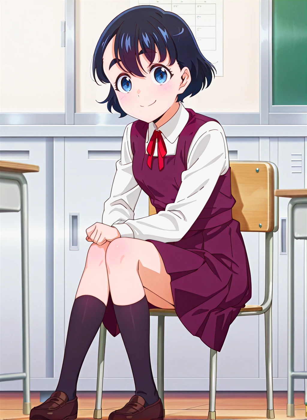 anime,High quality,Ultra detailed,best quality,insanely detailed,beautiful,masterpiece,prefect lighting BREAK
<lora:koganei_koito_V1_IL:1>,(koganei_koito, short hair, black hair, blue eyes, thick eyebrows),(school uniform,purple dress,pinafore dress,white shirt,neck ribbon,red ribbon,collared shirt,kneehighs,black socks,),loafers,indoors,classroom,1girl,solo,smile,sitting_on_chair,,looking_at_viewer,