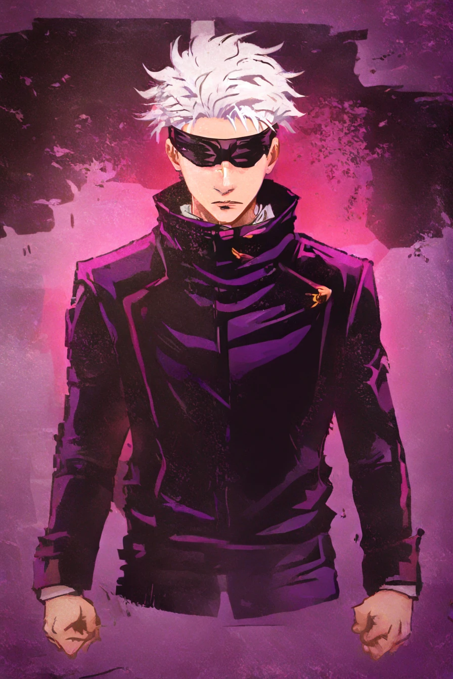 <lora:GojoSatoruPony:0.8> SatoruGojo, (gojou satoru:0.8), white hair, purple pants, high collar, blindfold, covered eyes, black blindfold, purple jacket, purple pants, 1boy, solo, alone,   <lora:arcane_poster_illustriousXL-000021:1>, arcane_poster_style, masterpiece, highres