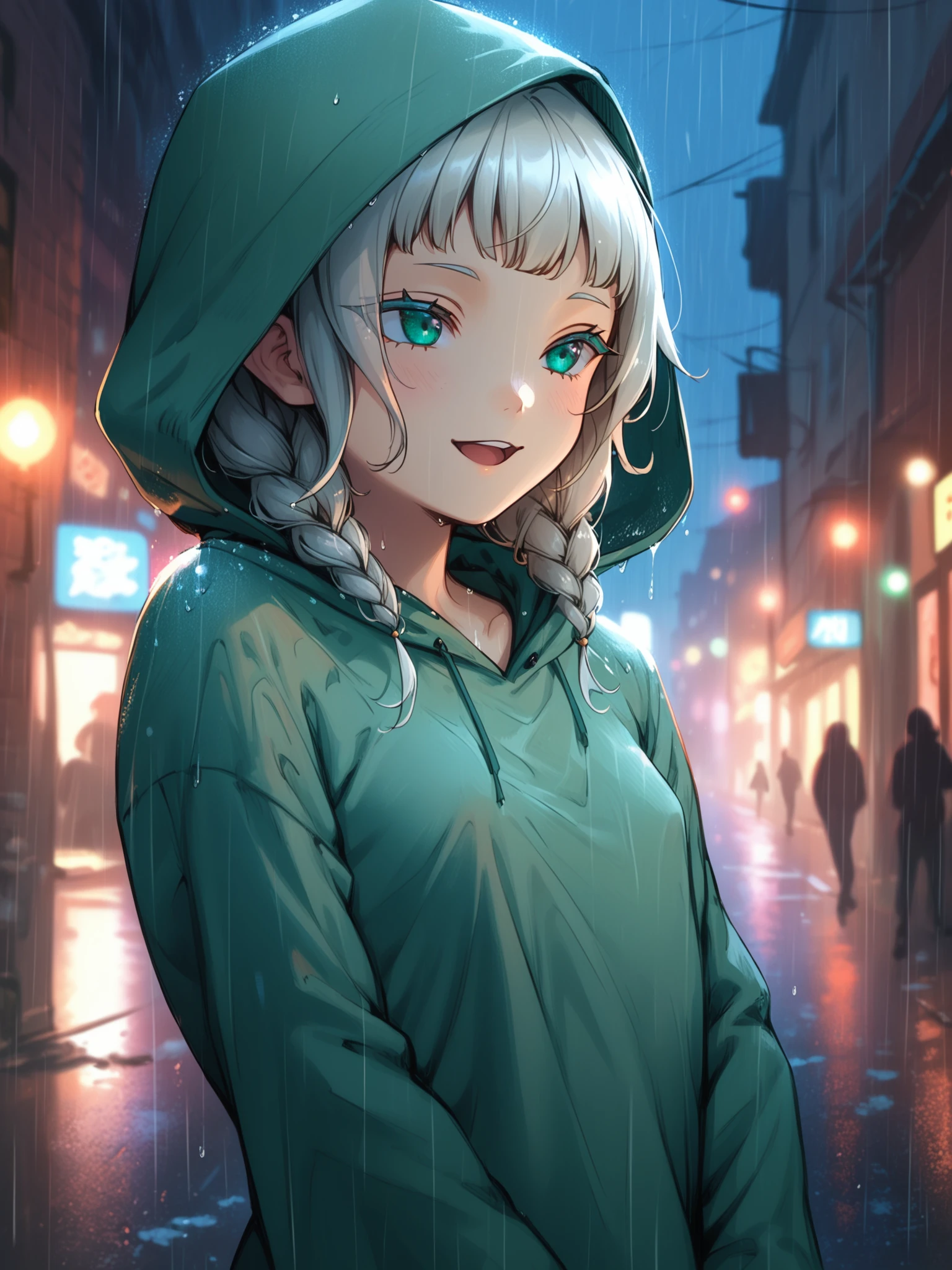 <lora:happy_tentacle-mochiriuni-v0.1-000010:1>, ht_mochiriuni, small breasts, , smile, open mouth, outdoors, hoodie, hood up, night sky, alley, brick wall, rain cowboy shot, 1girl, (petite:1.2), solo focus, (looking away:1.1), sidelighting, (depth of field:0.8), , [(realistic, photorealistic:1.1):(realistic:1.3):22], [(3d:1.2)::12], <lora:LUUNA's Lunas-NijiJourney-SDXL-B2:0.5>, nijijourney, <lora:prgfrg23's Counterfeit-V3.0 Style SDXL_LoRA_Pony Diffusion V6 XL:0.3> <lora:Shed_The_Skin's StS_age_slider_v1_initial_release:-1.2>, score_9, score_8_up, score_7_up, score_6_up, score_5_up, score_4_up