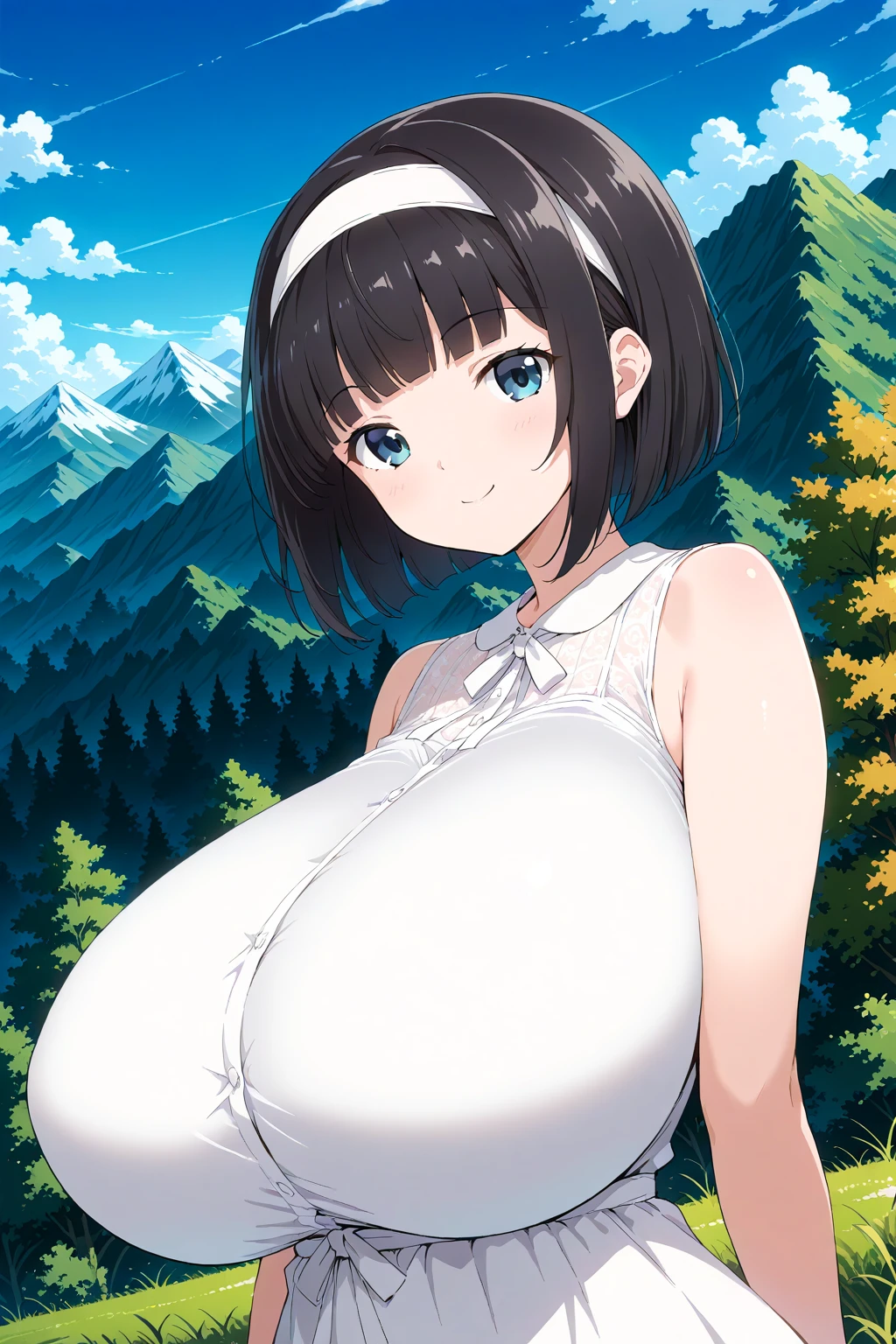 <lora:Tworship Illustrious:0.6>, sleeveless dress, huge breasts, smile, hairband, black hair, blunt bangs, blue eyes, bob cut, outdoors, nature, mountain, 1girl, solo