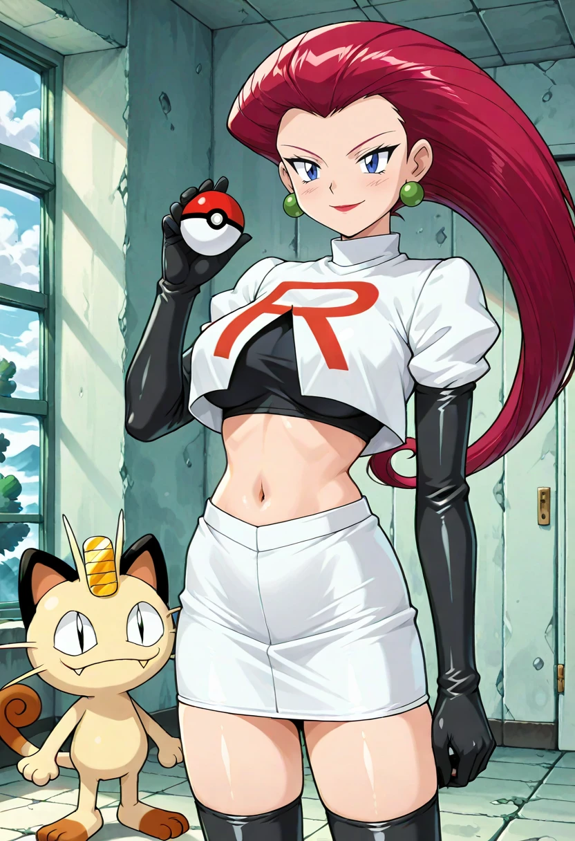 masterpiece, best quality, absurdres, highres, detailed background, <lora:hyperSD8:1>,
 <lora:JESSIE_ILXL:1> 1girl, jessie (pokemon), hair slicked back, long hair, team rocket, NAVEL,miniskirt, holding poke ball, meowth, pokemon (creature),