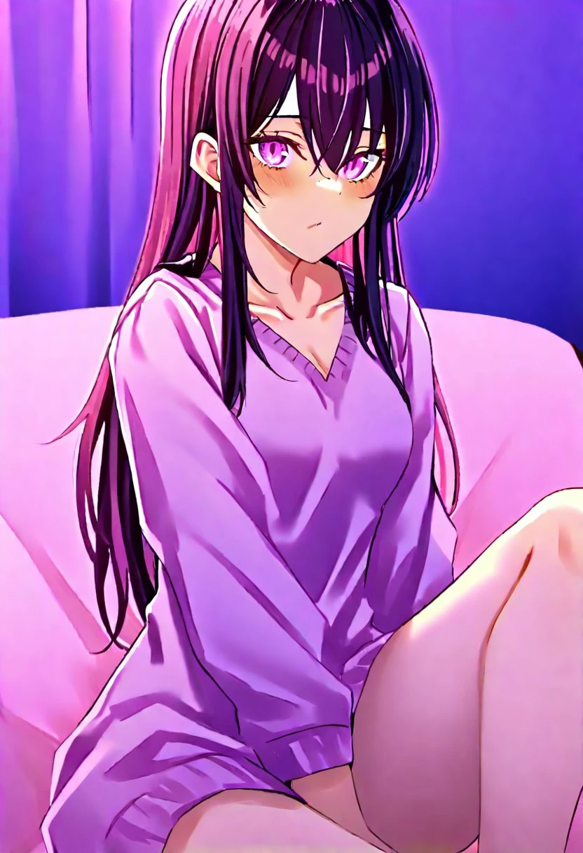 masterpiece, top quality, cinematic lighting, on the bed, POV, grabbing legs,
(1 girl), purple hair, long hair, pink eyes, medium breasts, light smile, blush, nightgown, panties, white stockings,