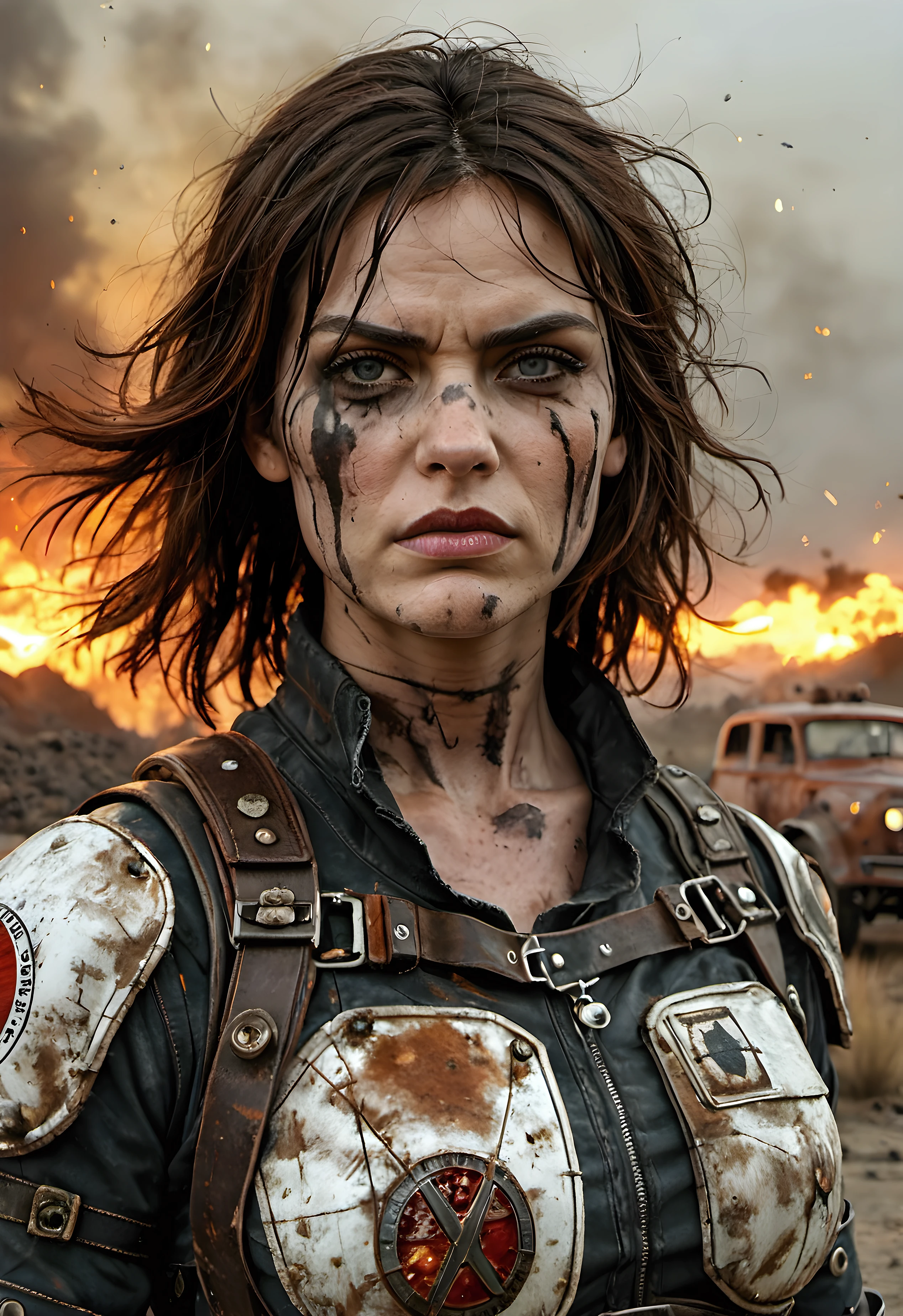 dystopian style A 22 year old woman, leather outfit with spikes, smeared clown makeup, skinny, athletic, dirty, glaring at you,white makeup in the style of 'Mad Max - Fury Road' directed by George Miller, desolate landscapes, gritty vehicles, fiery explosions, post-apocalyptic chaos, dust storms, brutal survival, high-octane action, wasteland warriors, vehicular combat, dystopian fashion, war-torn world, rugged vehicles . bleak, post-apocalyptic, somber, dramatic, highly detailed, embedding:EZRealPONYXL,, score_9, score_8_up, score_7_up, score_6_up,