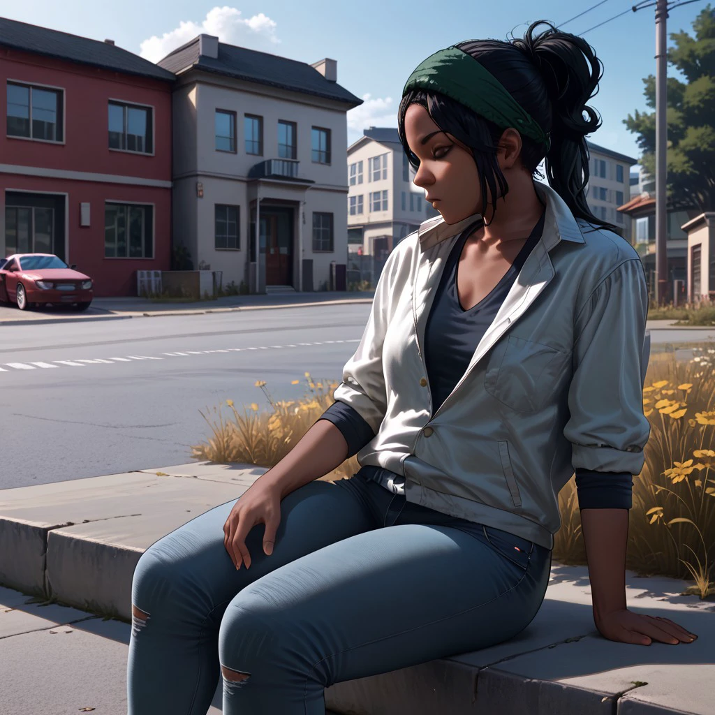 score_9, score_8, score_7, break, addison_dg, dark-skinned female, black hair, jacket, jeans, sitting, outdoors, dilapidated building