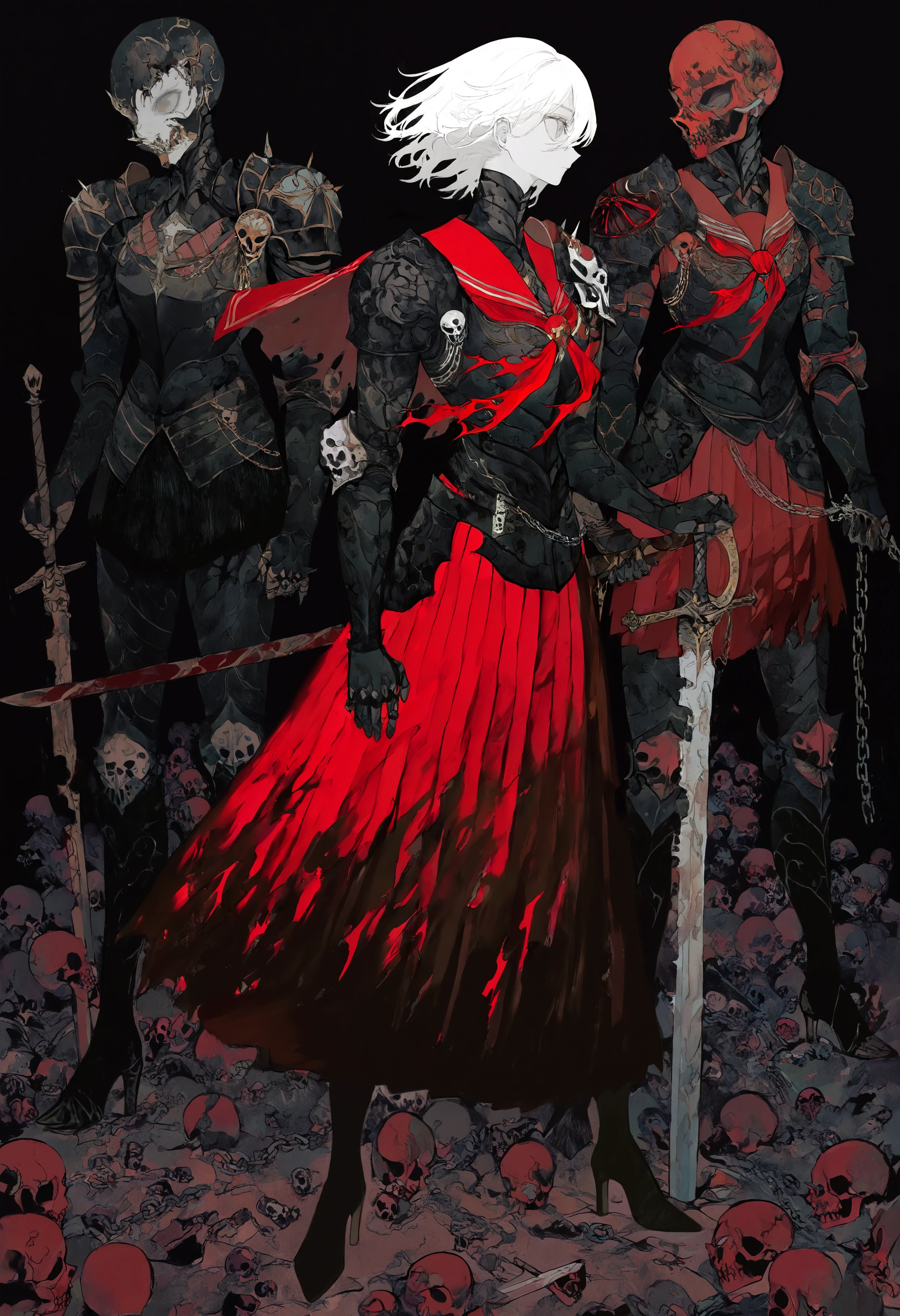 masterpiece, highres, absurdres, newest, very awa,  1girl, black armor, red serafuku, sailor collar, turtleneck dress, battle dress, holding weapon, planted sword, broken sword, hand on sword hilt, high heeled boots, skull pauldrons, chain on handle, looking afar, white hair, grey eyes,   <lora:spo_sdxl_10ep_4k-data_lora_webui>,  <lora:TA_trained:0.35>,  <lora:NOOB_EPSv1_1_detailer_by_vlnvk_v0_5>,  <lora:mon_monmon2133-000016:0.8>