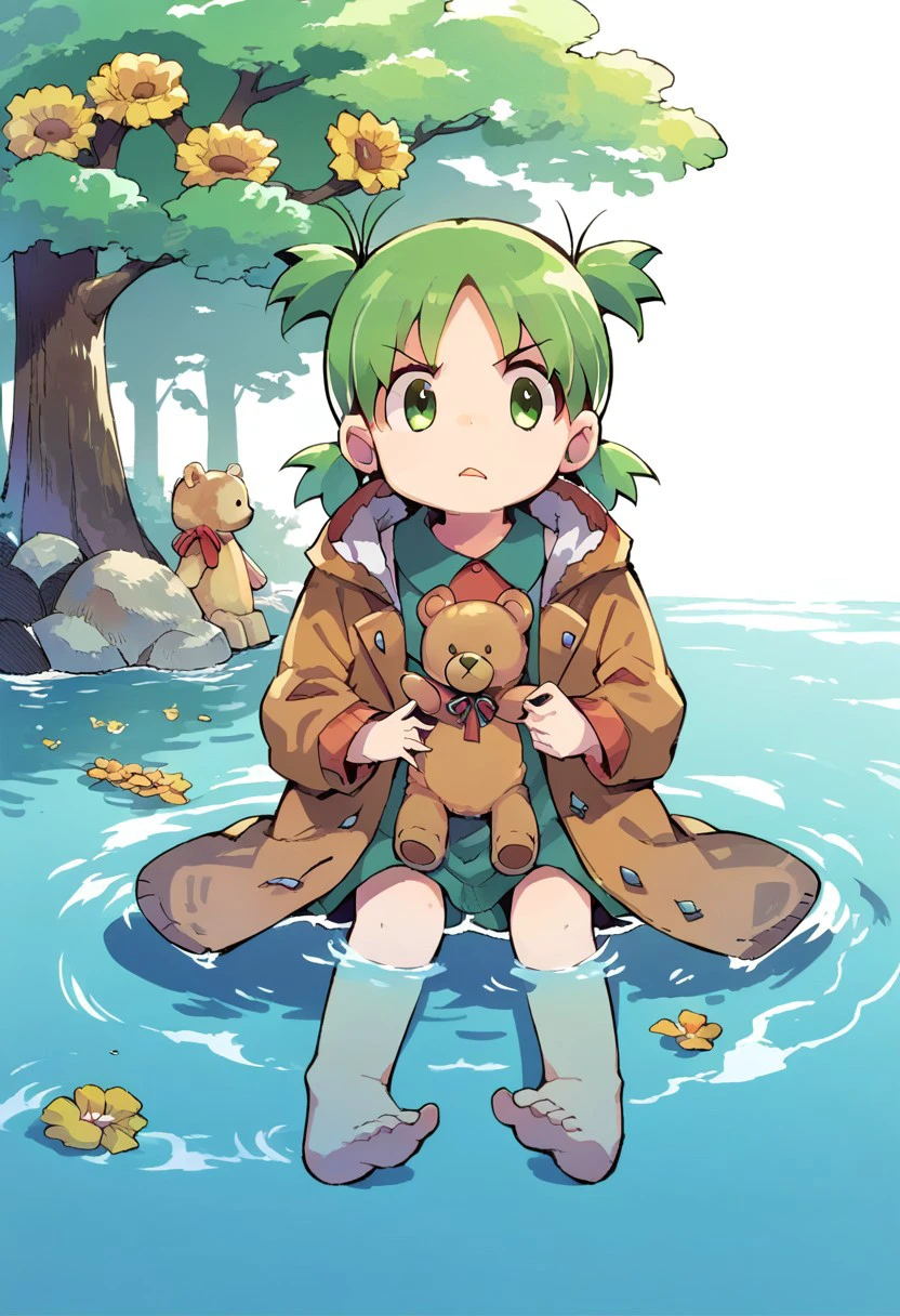 score_9, score_8, score_7, source_anime, koiwai yotsuba, teddy bear, long hair, water, coat, yellow flower, v-shaped eyebrows, tree, ^_^, sitting, animal