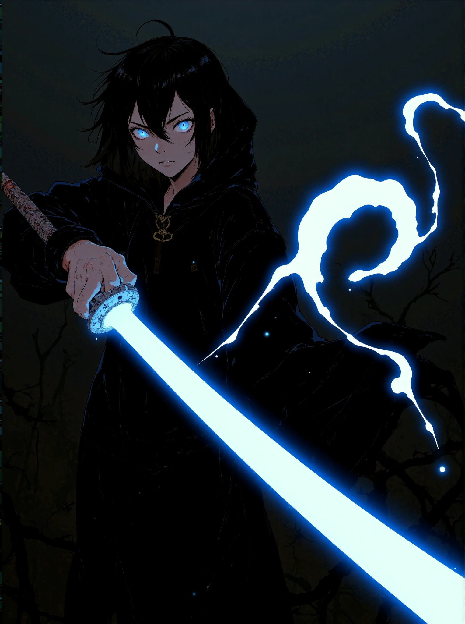 A dynamic and intense anime-style illustration featuring a determined character wielding a glowing blue katana. The character has striking blue eyes that emit a fierce and focused expression, contrasting against their dark hoodie and monochromatic attire. Abstract splashes of blue and white energy swirl around, creating a sense of motion and raw power. The overall composition is dramatic, with sharp, angular lines and bold contrasts between the dark background and the vivid blue and white accents. The style is inspired by high-energy action scenes in manga or anime, with an emphasis on minimalistic colors and a high-impact, modern aesthetic. The atmosphere is dark, electrifying, and filled with a sense of impending action.
 <lora:Let_It_Blaze_in_Crimson:1>