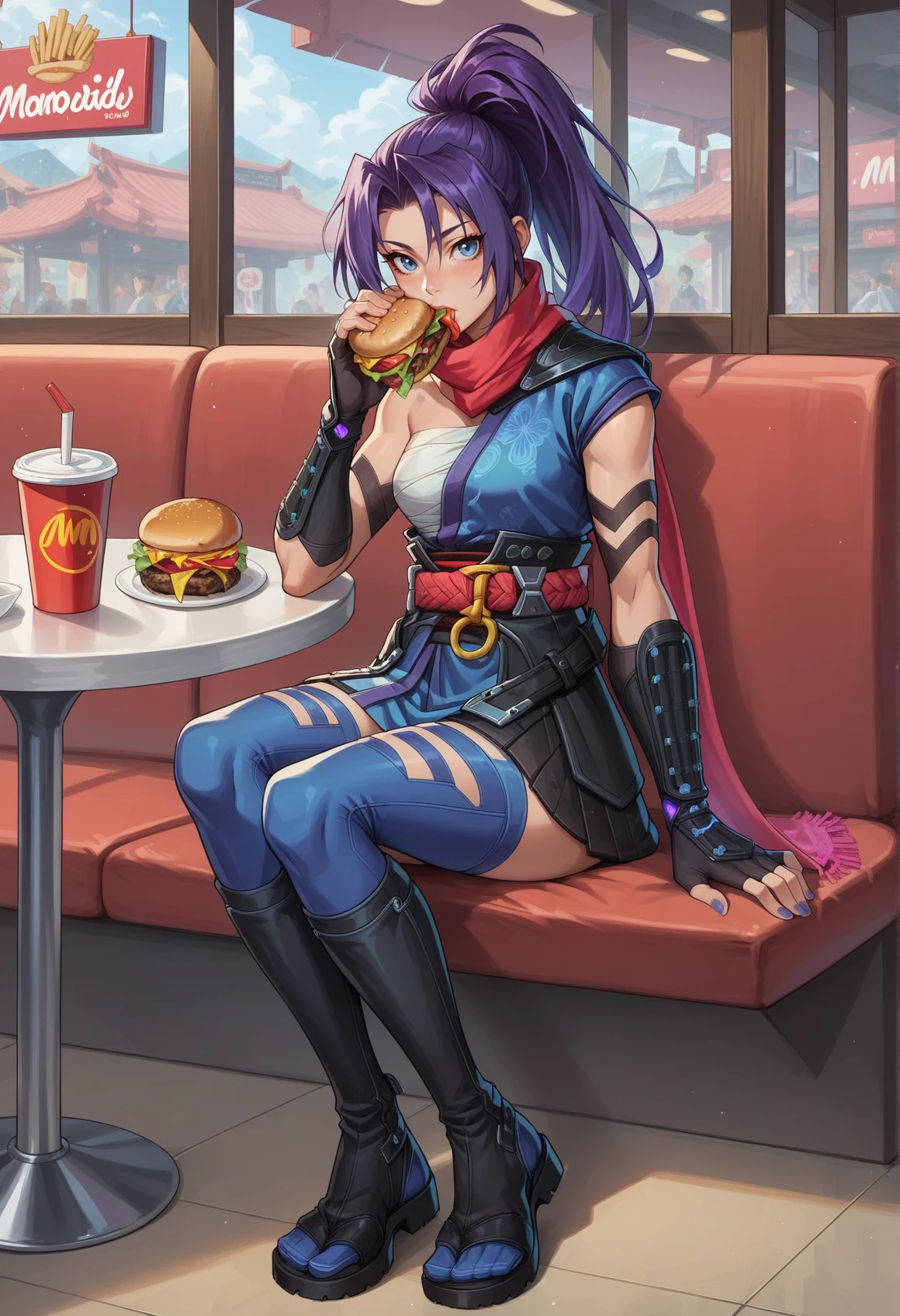 1girl, high ponytail, purple hair, blue eyes, ninja, sleeveless, scarf, asymmetrical clothes, japanese clothes, chest sarashi, obi, o-ring, gauntlets, fingerless gloves, thighhighs, toeless footwear, tabi, sitting, holding burger, mcdonald's, indoors, sitting, food in mouth,   looking at viewer, <lora:Psylocke_Pony:0.8>, score_9, score_8_up, score_7_up, score_6_up, score_5_up, score_4_up, BREAK source_anime, masterpiece