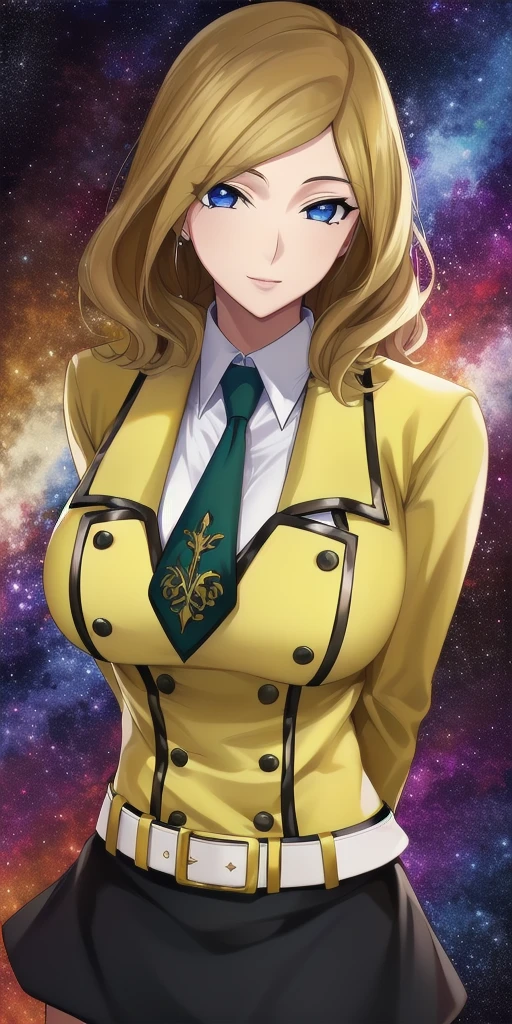 <lora:MillyV2:0.7> milly_ashford, huge_breasts, standing, solo, arms_behind_back, starry_sky, yellow_jacket_white_collared_shirt_green_necktie_green_skirt_belt, masterpiece, best_quality, detailed_face, detailed_eyes, highres, beautiful, detailed, absurdres,