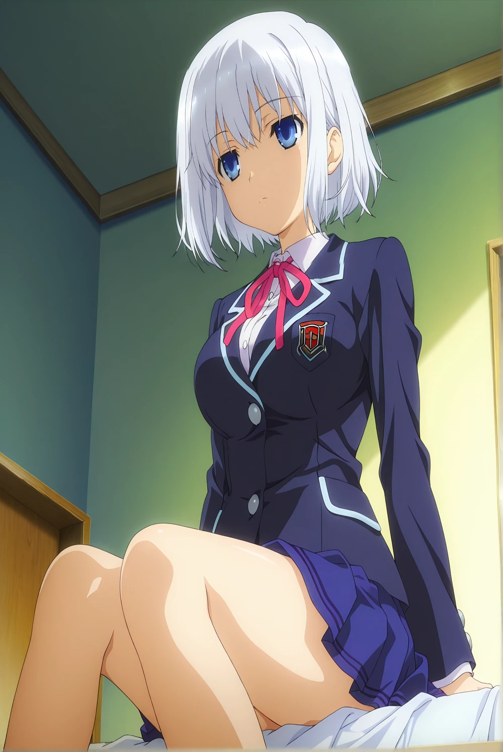 masterpiece,best quality,amazing quality,very aesthetic, absurdres, best quality, best shadows, screenshot redraw, anime screencap, anime coloring, depth of field, volumetric lighting, colorfull, origami, 1girl, short hair, white hair, bangs, blue eyes, large breasts, breasts, skirt, school uniform, jacket, blazer, ori-uniform, anime_style, bedroom, bed, sitting, sitting on bed, from below, dutch angle