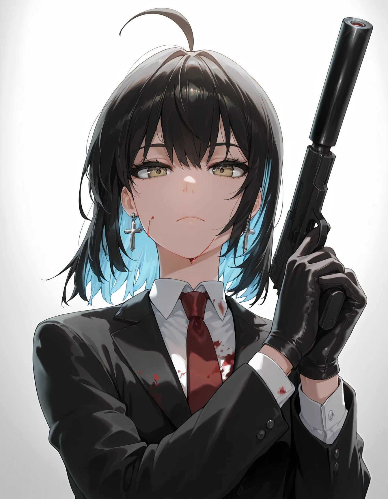 masterpiece, best quality, amazing quality,  
 <lora:irene2:1>, irene, 1girl, amt hardballer, black gloves, black jacket, closed mouth, collared shirt, expressionless, eyelashes, gloves, gun, handgun, hands up, holding, holding gun, holding weapon, jacket, looking at viewer, necktie, red necktie, shirt, solo, suppressor, upper body, weapon, white shirt, wing collar, cross earrings, medium hair, ahoge, blood on clothes, snake