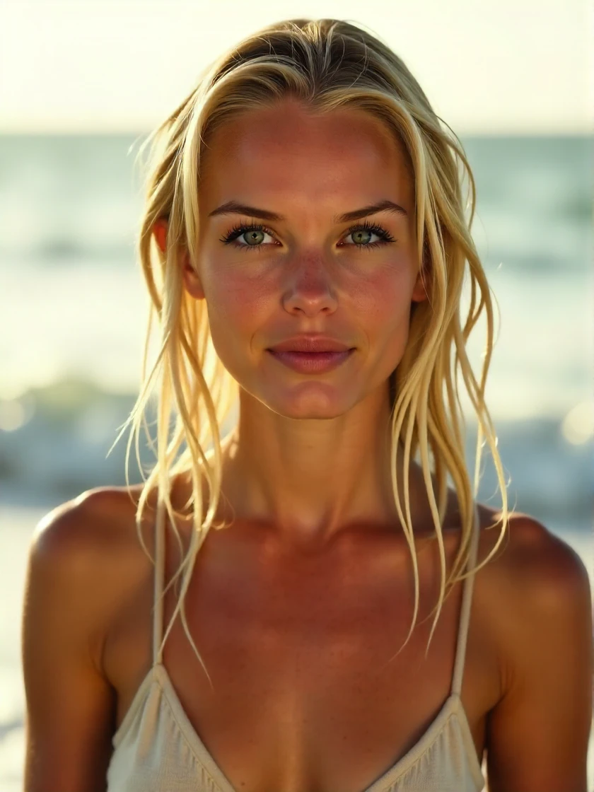 <lora:Kate_Bosworth:1> woman, blonde, extreme close-up, zoomed, focus on face, centered, macro shot, face centered, focus on eyes, looking directly at the viewer, looking directly at the camera, making eye contact, looking straight ahead, modest clothes, modest apparel, chest covered, modesty <lora:zz_s_Chest_Size_Slider:-2> wearing only a towel, carrying a hunting knife, walking out of the ocean, soaking wet, water dripping from skin, hair soaking dripping wet, golden hour, backlighting, glistening skin, bright backlighting, hair aglow