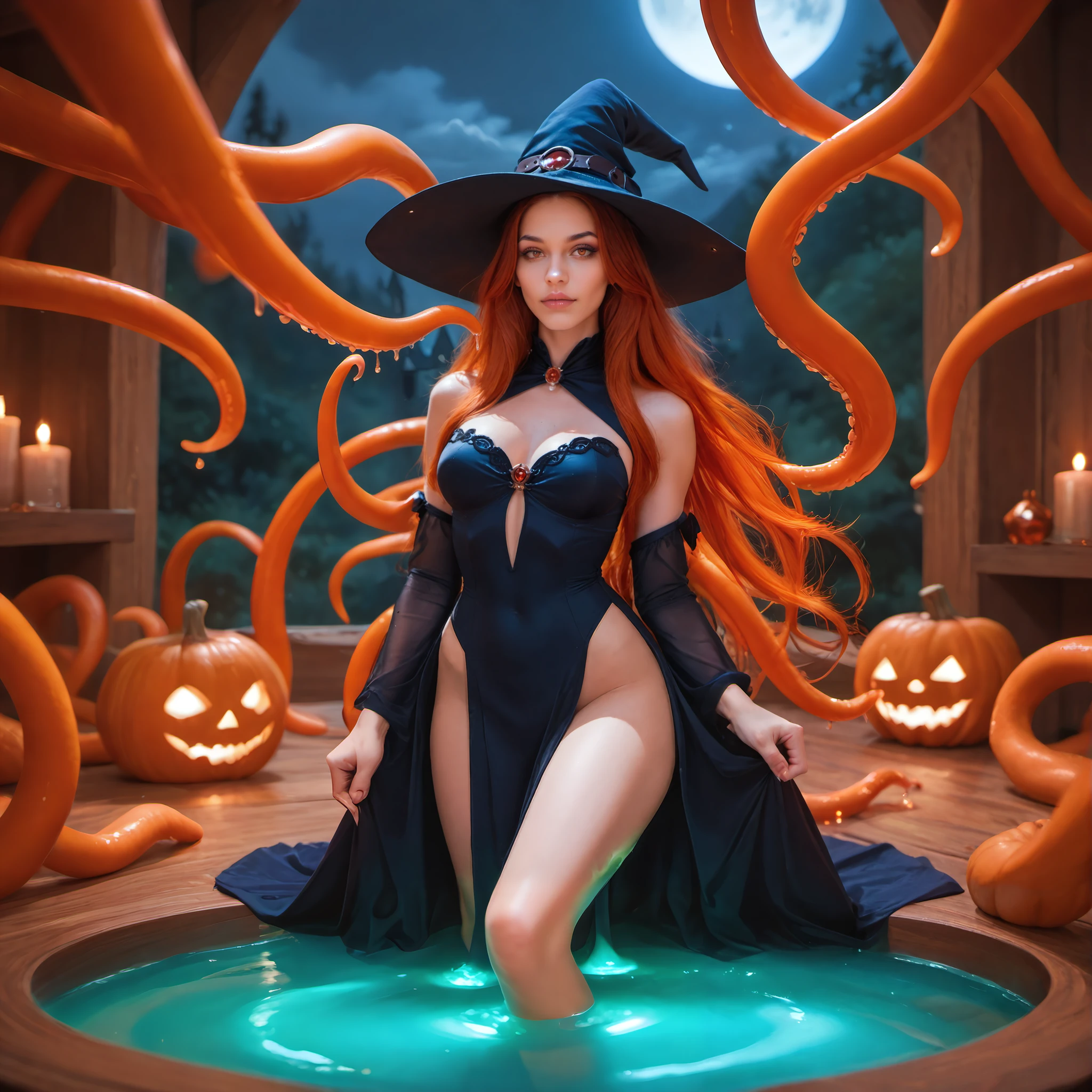 orange tentacles, beautiful young mexican woman, tentacles, photorealistic, ultra realistic, score_9, score_8_up, medium breasts, sexy witch brewing a magic potion in a glowing cauldron, orange carved pumpkins, haunted house, full moon <lora:kinky_PonyXL6_sucky_real_tentacles_04-000030:1.0>