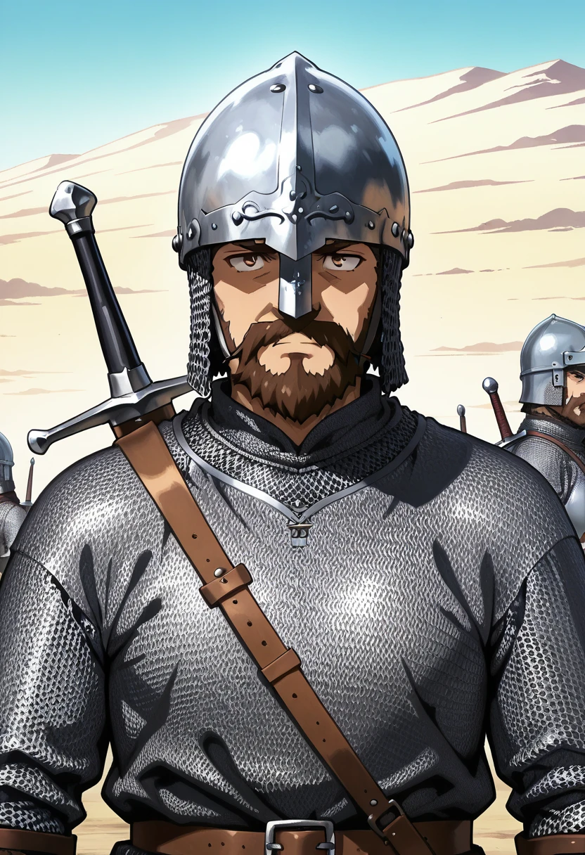 masterpiece, best quality, absurdres, detailed skin, detailed eyes, anime colored, anime screencap,
1 man, brown beard,
<lora:Norman_helmet-000007:0.8>, Normanhelmet, helmet, chainmail, sword, sheathed,